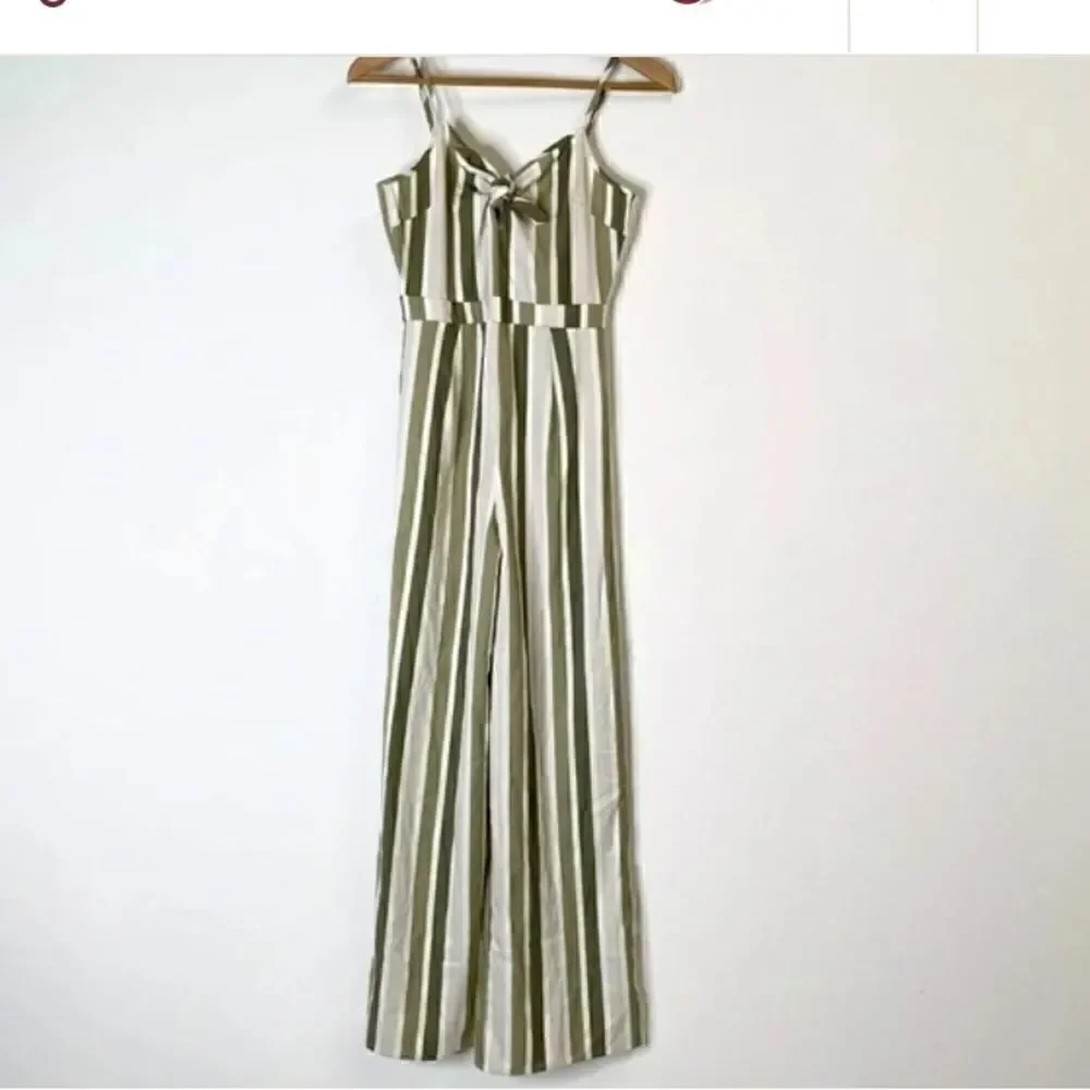 Romeo & Juliet Couture Olive Green Striped Wide Leg Jumpsuit Size Medium NWT